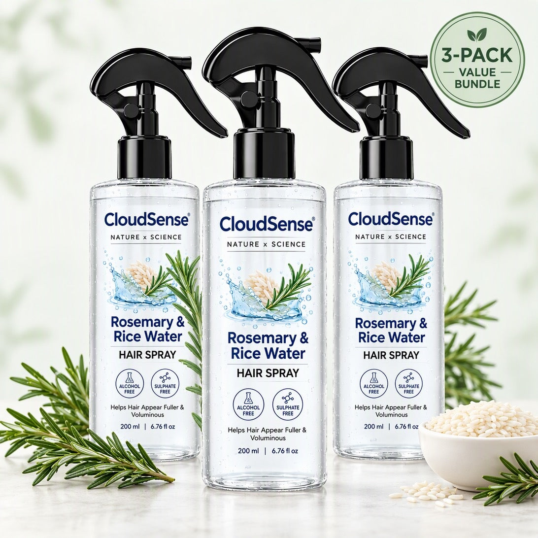 The CloudSense Rosemary & Rice Water 90-Day Kit: three bottles with rosemary and rice