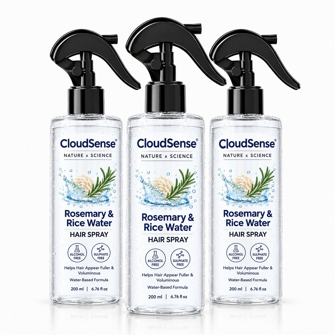 Three bottles of CloudSense Rosemary & Rice Water Hair Spray on a white background