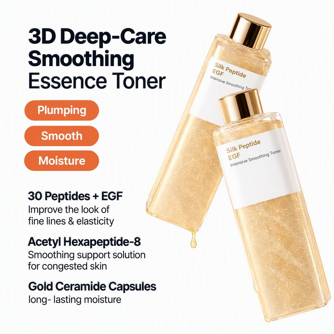 Silk Toner ingredient card showing peptides, hexapeptide-8 and gold ceramide capsules