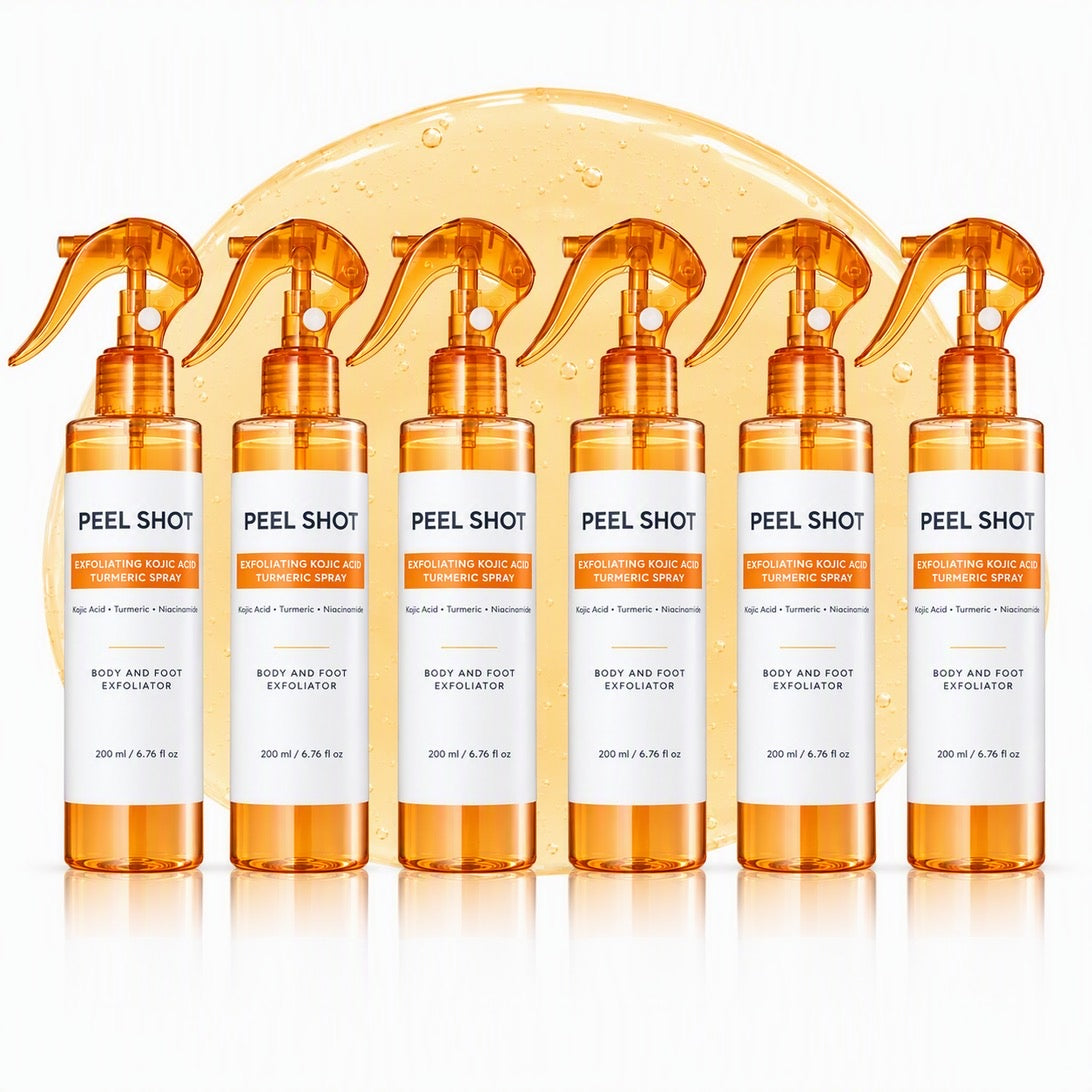 Seis frascos de CloudSense Peel Shot en fila sobre un fondo naranja