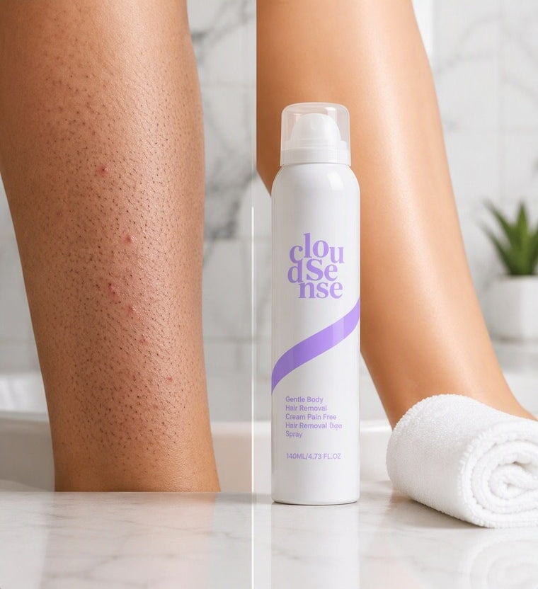 A smooth leg on a bathroom counter next to a can of CloudSense Gentle Hair Removal Spray