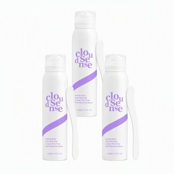 Three cans of CloudSense Gentle Hair Removal Spray on a white background