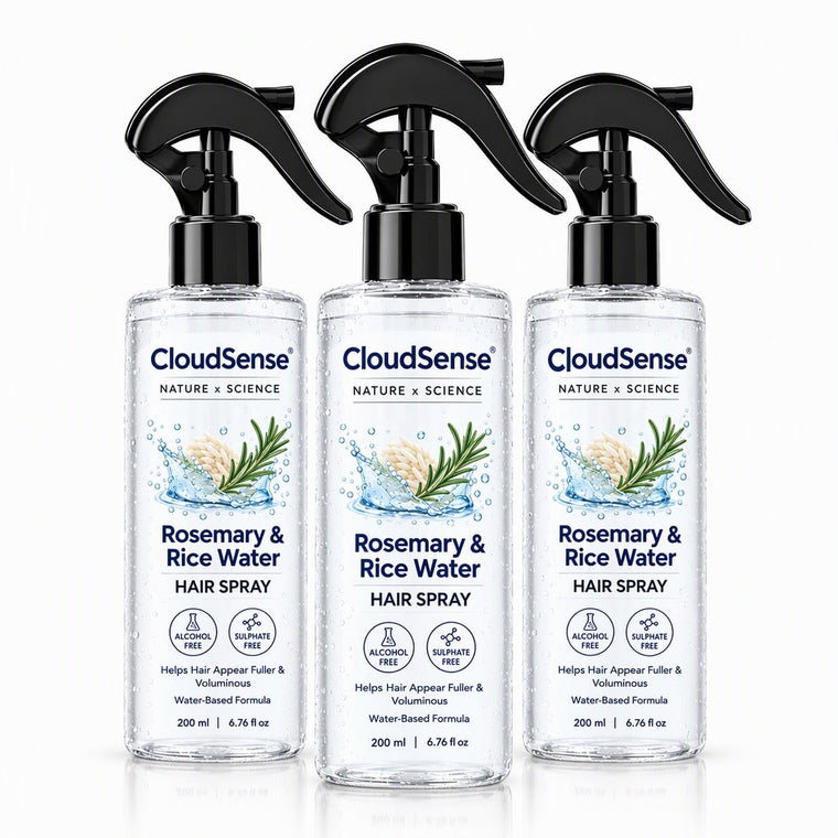 CloudSense Rosemary & Rice Water Hair Spray 90-Day Kit, three bottles on white