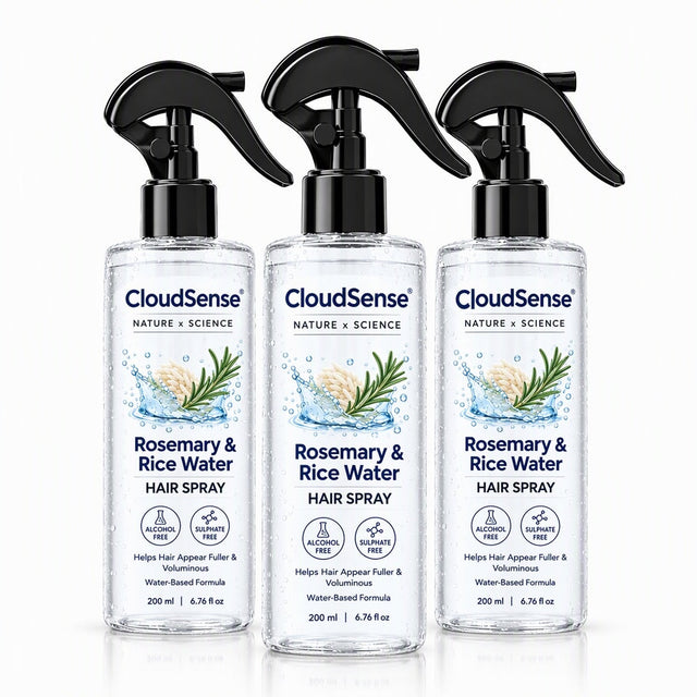 Three bottles of CloudSense Rosemary & Rice Water Hair Spray on a white background