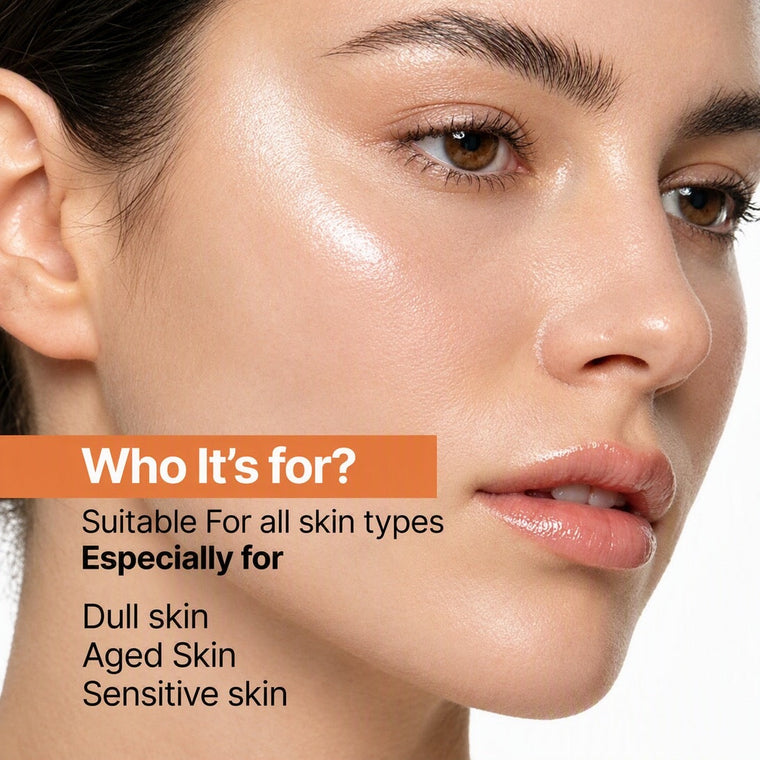 Model with glowing skin next to text reading who it is for: dull, aged and sensitive skin