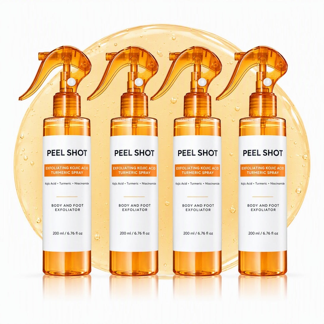 Four bottles of CloudSense Peel Shot in a row against a warm orange glow