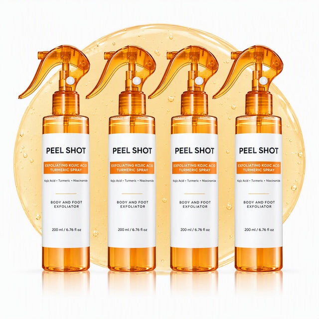 Four bottles of CloudSense Peel Shot in a row against a warm orange glow