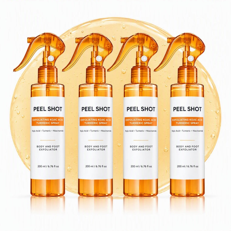 Four bottles of CloudSense Peel Shot in a row against a warm orange glow