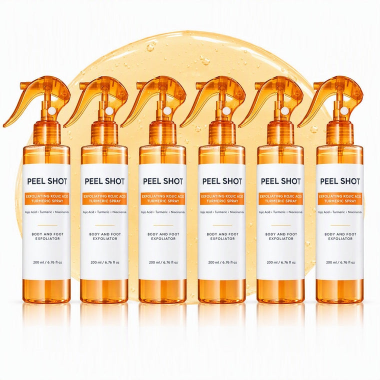 Seis frascos de CloudSense Peel Shot en fila sobre un fondo naranja