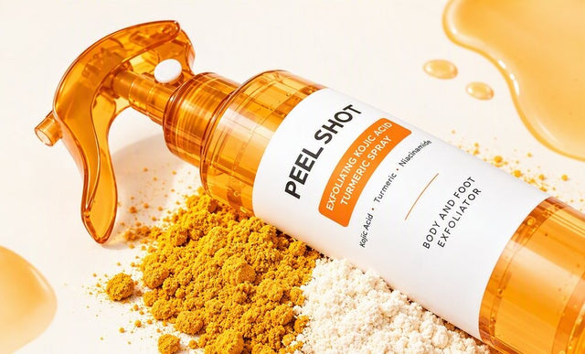 Peel Shot bottle with turmeric powder and a clear gel swatch