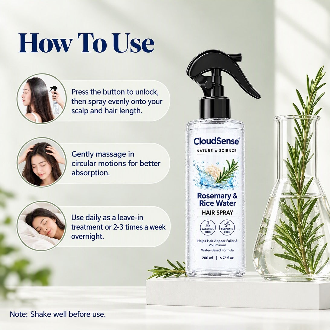 How-to card for the CloudSense Rosemary & Rice Water Hair Spray showing spray, massage and daily use
