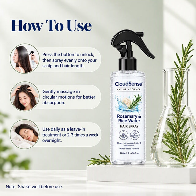 How-to card for the CloudSense Rosemary & Rice Water Hair Spray showing spray, massage and daily use