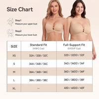 Size chart: Standard fit A–C and Full-Support fit D–F