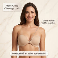 Front-clasp strapless bra in Sand that draws the cups inward and lifts, no underwire