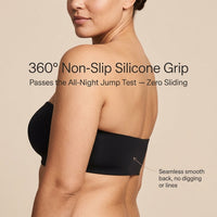 Back view of the Onyx strapless bra with 360 degree silicone grip and a smooth back