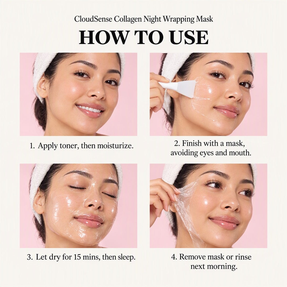 How to use the CloudSense Collagen Night Wrapping Mask in four steps