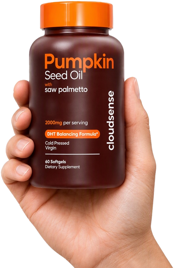 Hand holding a CloudSense Pumpkin Seed Oil bottle