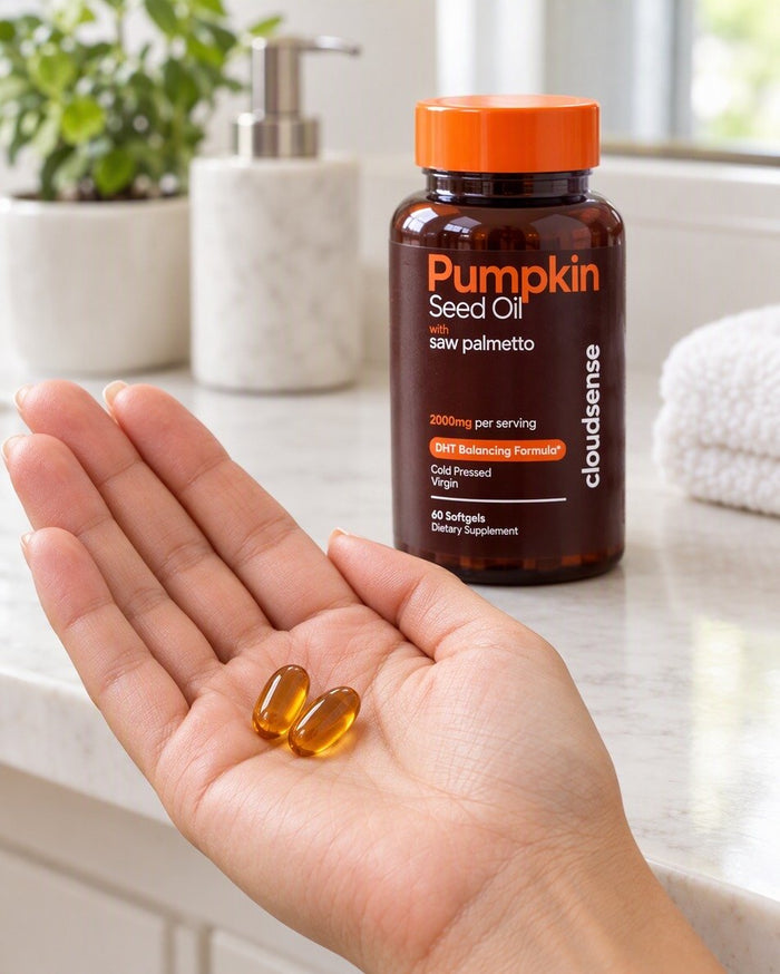 Open palm holding two softgels