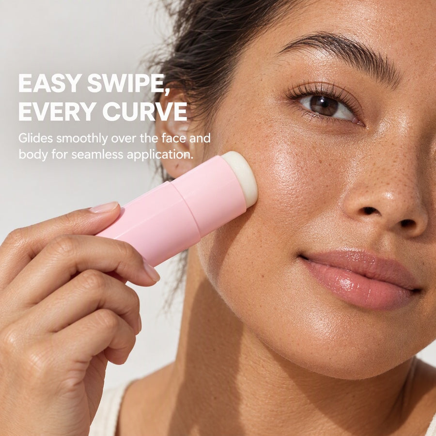 Swiping the sunscreen stick across the cheek