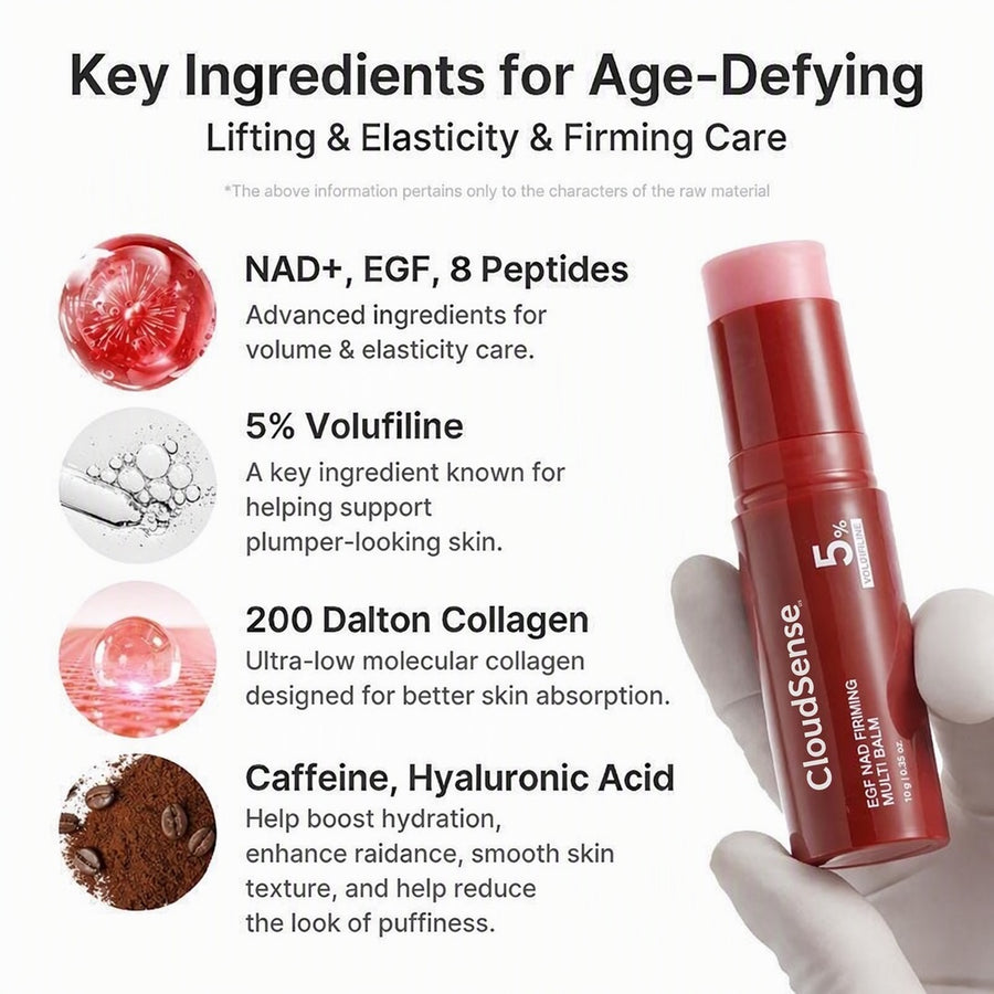 Key ingredients: NAD+, EGF, 8 peptides, 5% Volufiline, 200 Dalton collagen, caffeine, hyaluronic acid